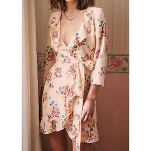 SEZANE asianne prints bouquet rose ecru floral ruffle wrap dress 34